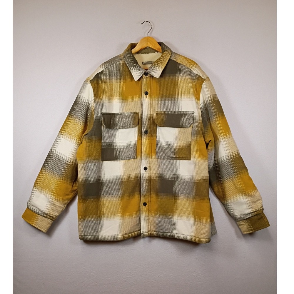 Gorpcore H&M Mens XL Mustard Yellow Plaid Sherpa Lined Flannel Shacket Jacket